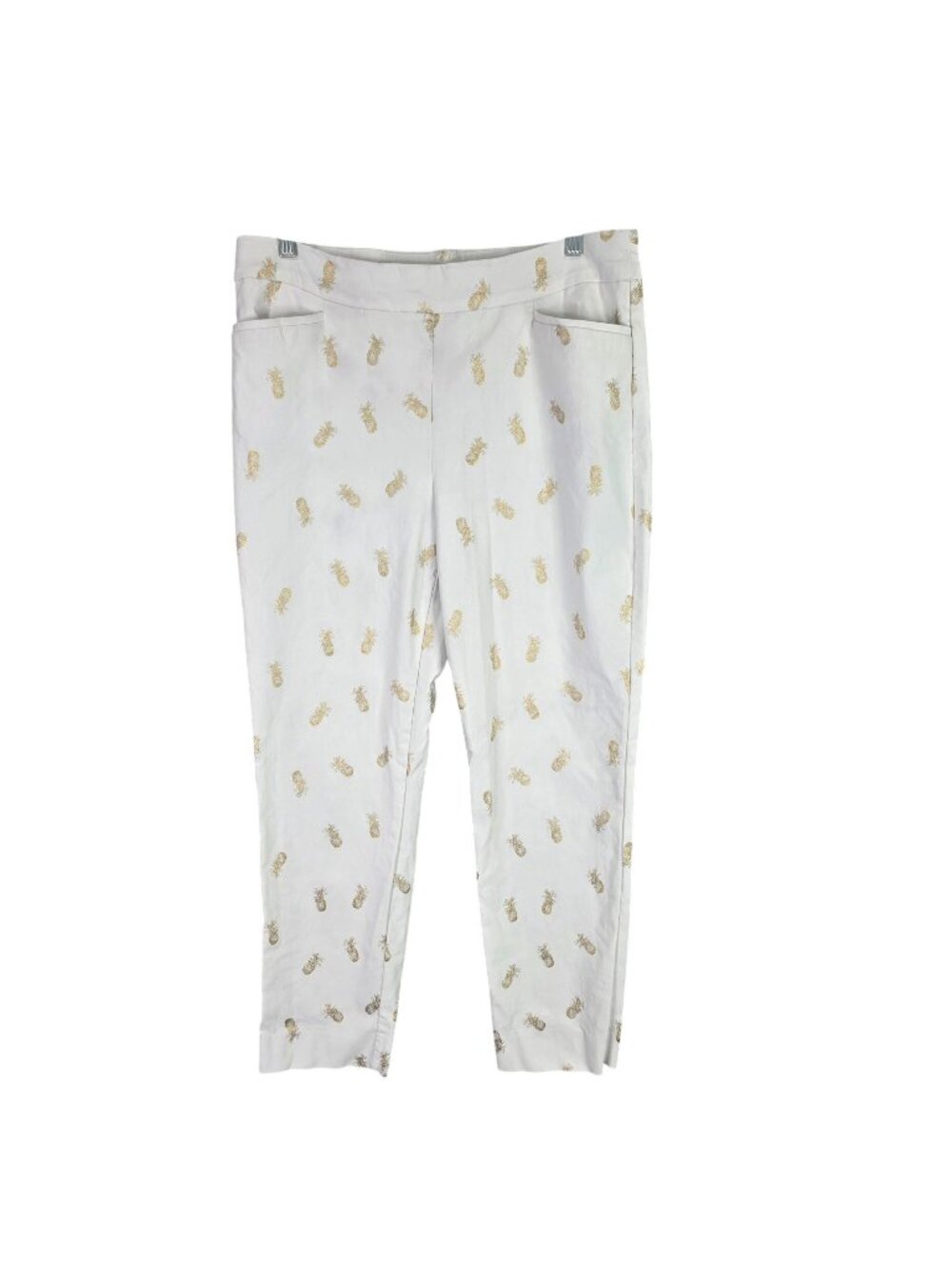 Womens Chicos White & Gold Pineapple Print Slim Ankle Pants Rayon Blend Size 12